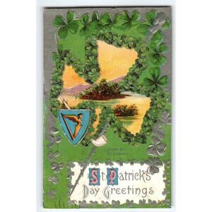 St Patrick's Day Postcard Irish Harp Clovers Lakes Of Killarney Embossed 1915